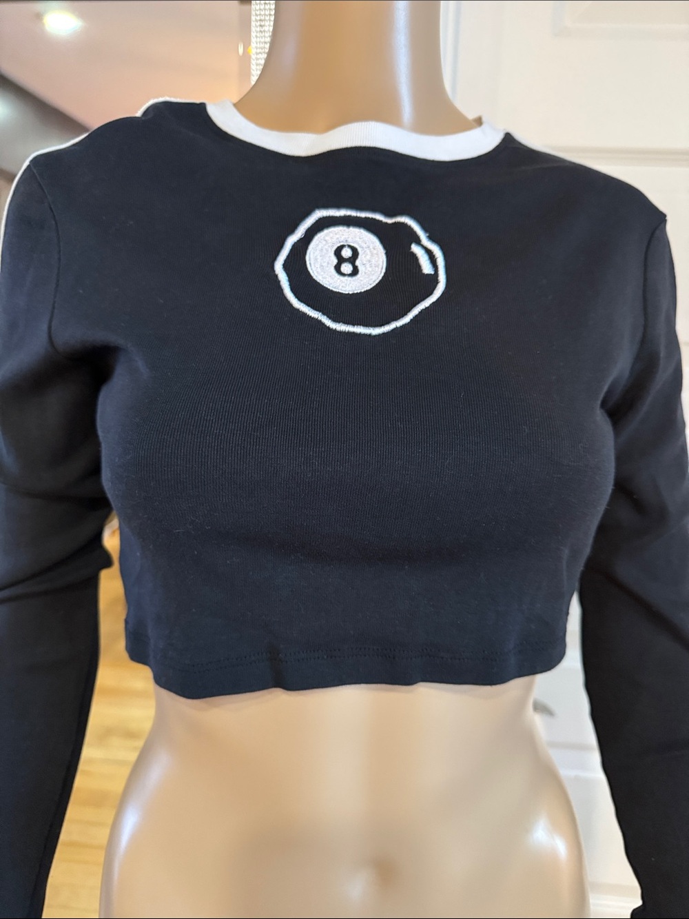 Black Cropped Long-Sleeve Tee with White Trim and 8-pool Ball Patch